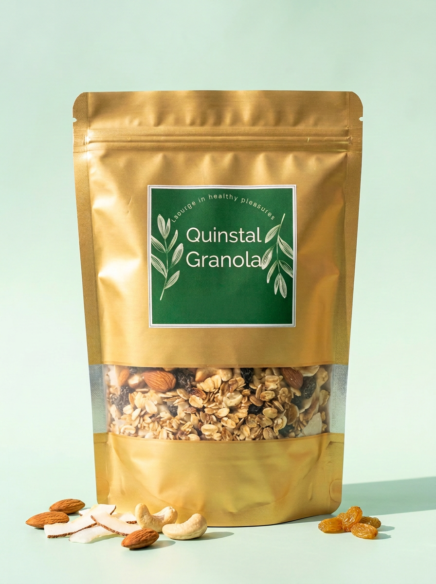 Quinstal Granola in its resealable gold pouch with a green botanical label and a window showing the nut and cereal mix